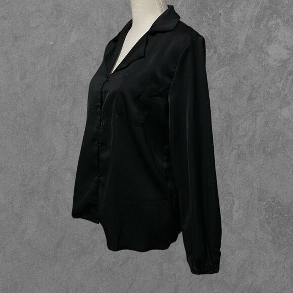 SHEIN | Black Button Down Collared Long Sleeve Blouse Elastic Sleeve Cuffs M - Picture 2 of 8